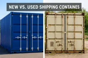 New blue shipping container and a used beige container from SCSAU
